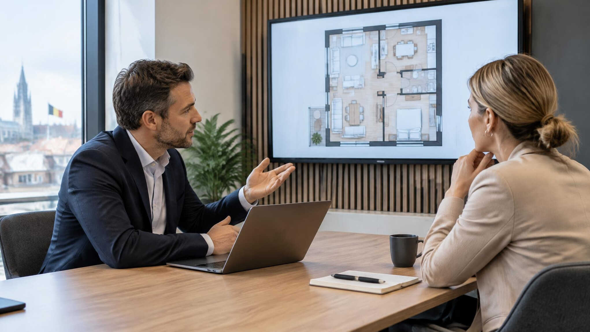 Two professionals discussing a project in a meeting room