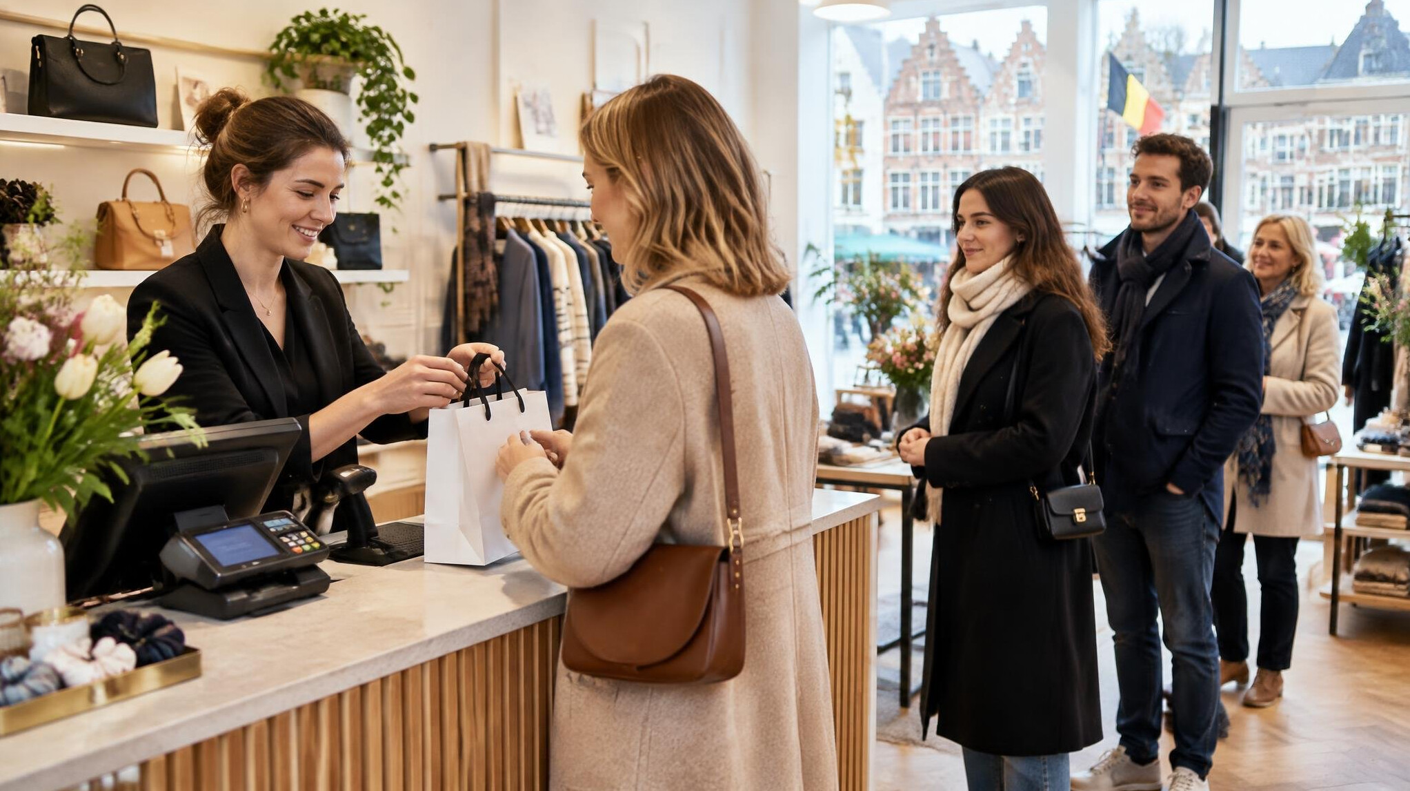 Shop counter with a customer paying and a staff member serving