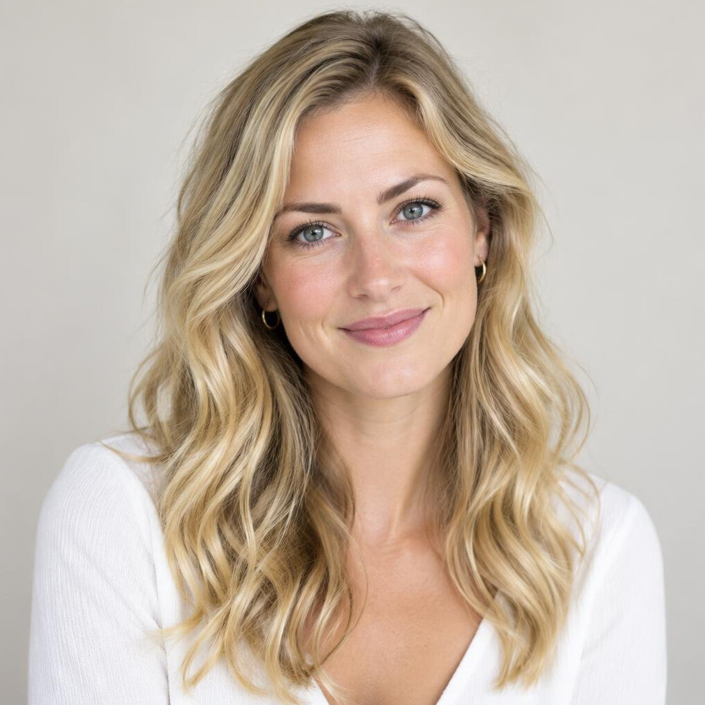 Portrait of a woman with wavy hair and light background