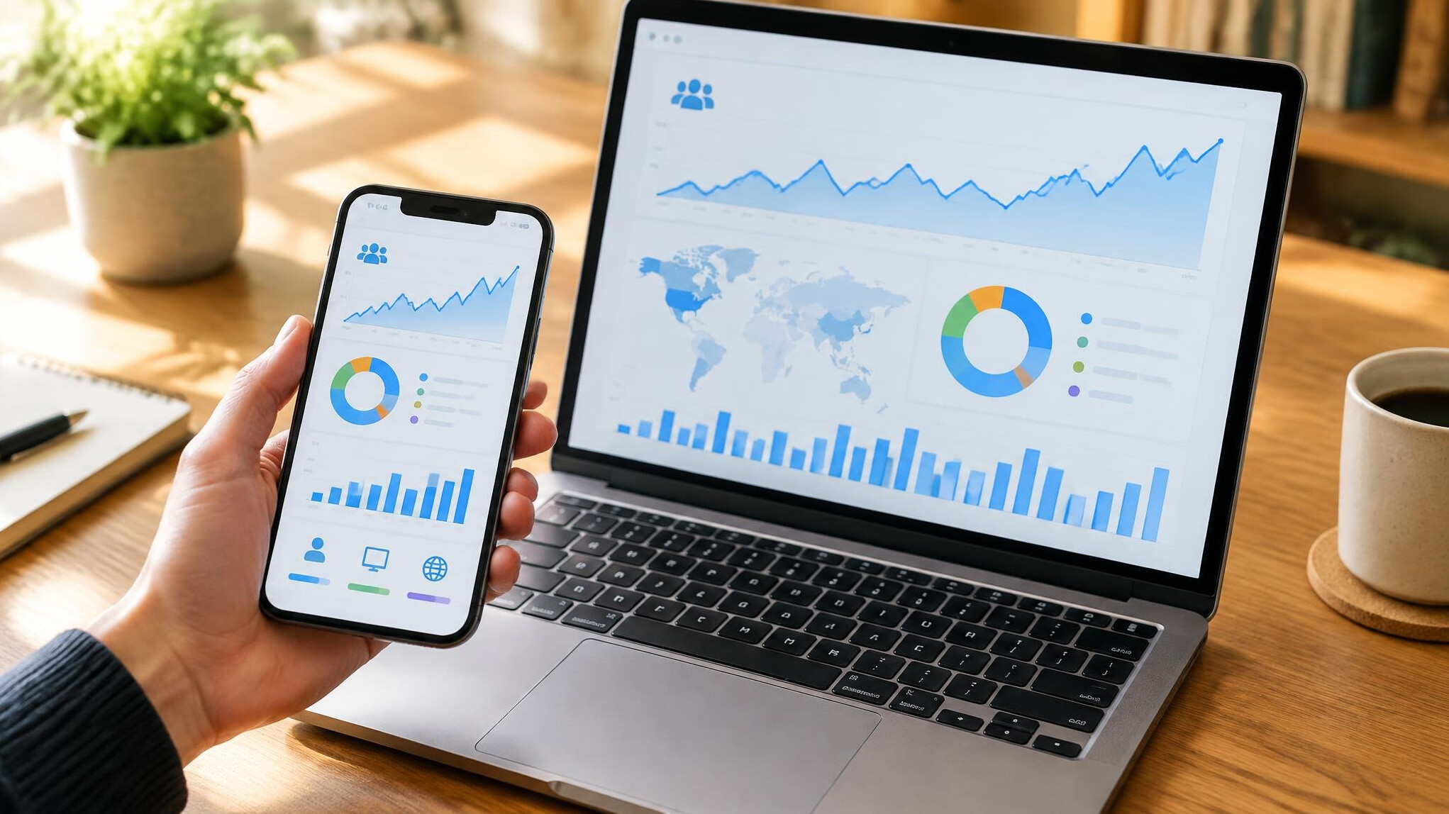 Hand holding a smartphone next to a laptop showing analytics charts
