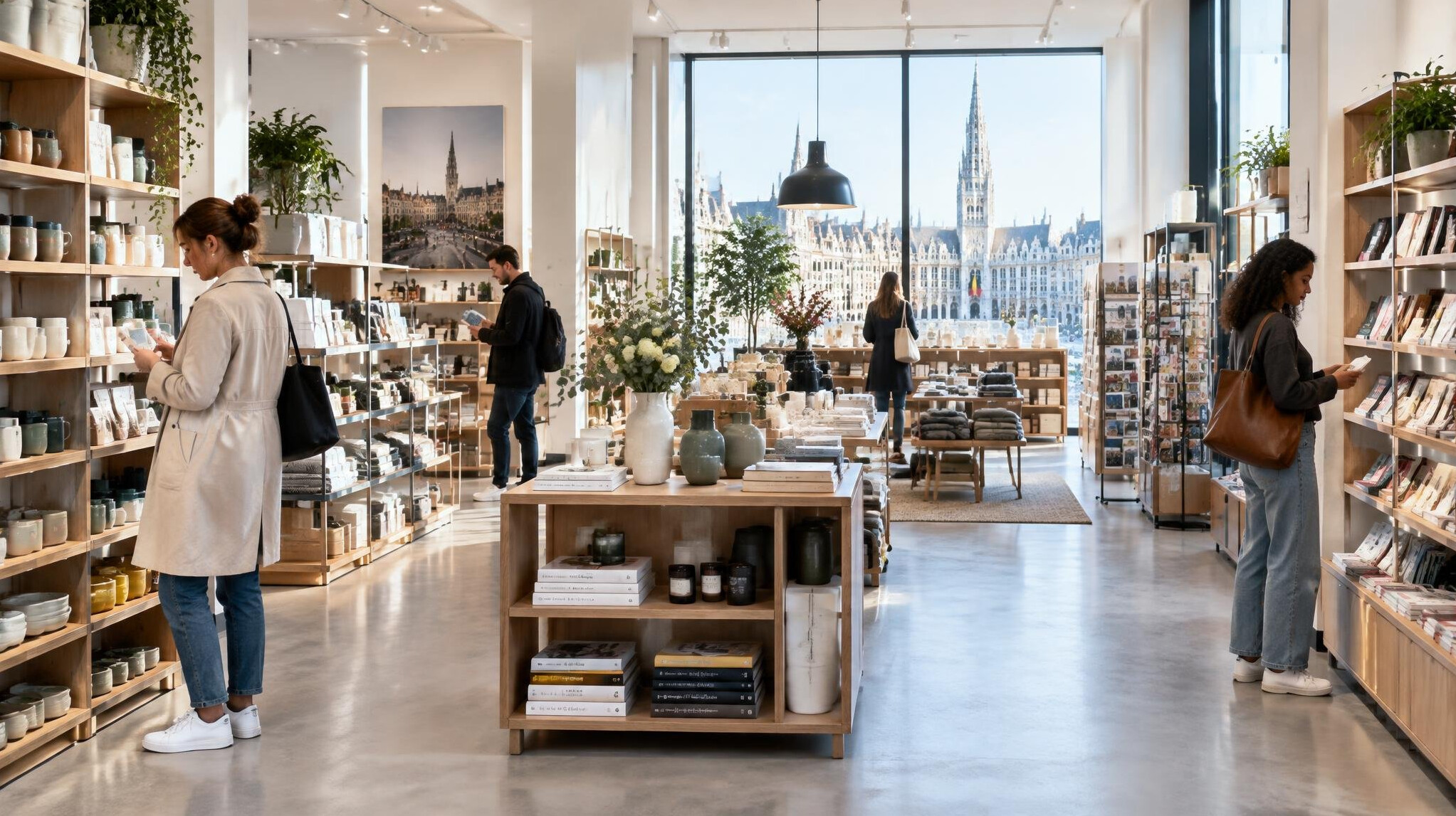 Bright retail store interior with shelves and a few customers