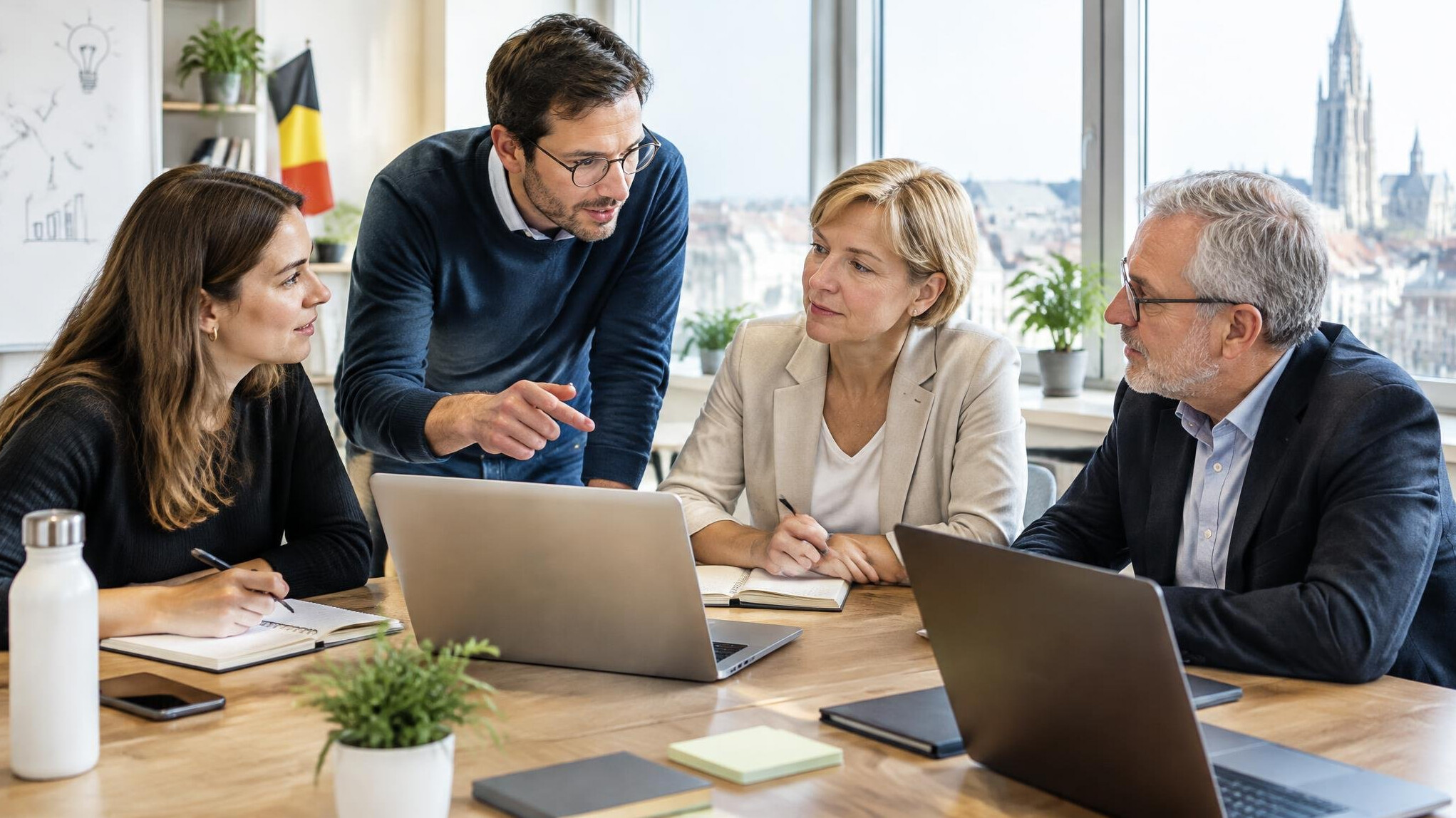 Team of colleagues collaborating around a table with laptops