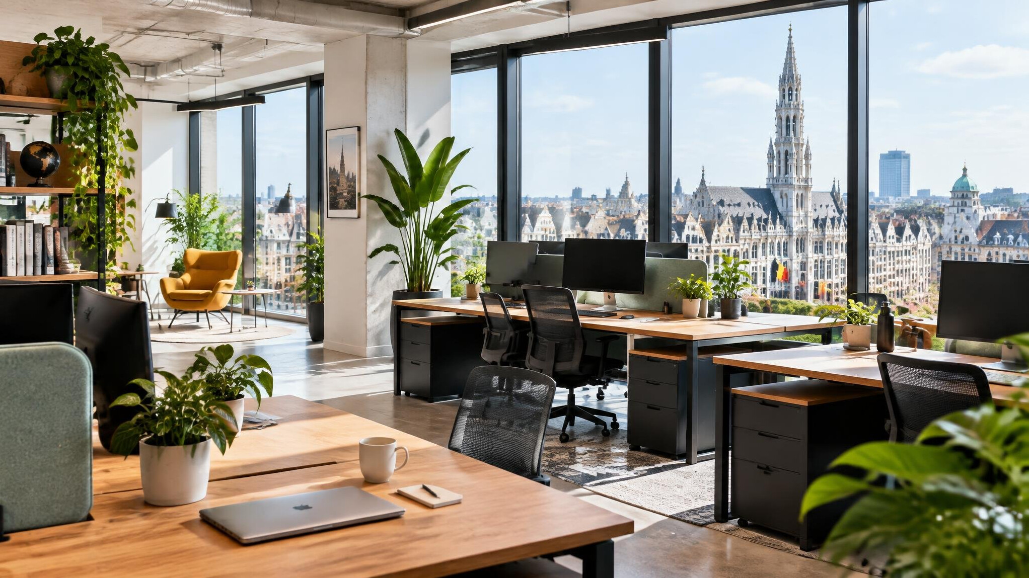 Bright modern office with desks and large windows